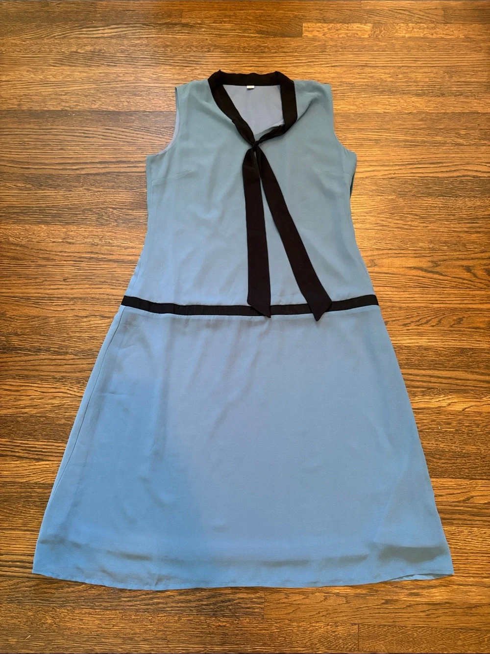 Blue Sleeveless Tie-Neck A-Line Dress with Black Trim